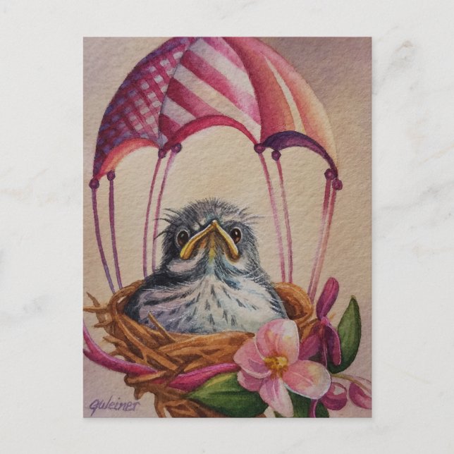 Carte Postale Bébé oiseau flambant rose Parachute Aquarelle Art (Devant)