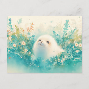 Carte Postale Bébé phoque adorable dans une prairie à l'aquarell