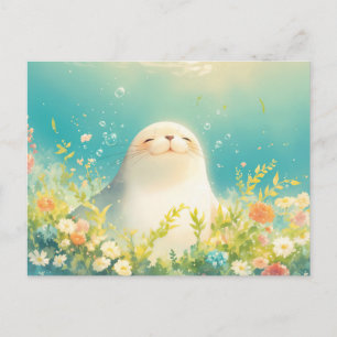Carte Postale Bébé phoque joyeux dans une prairie lumineuse