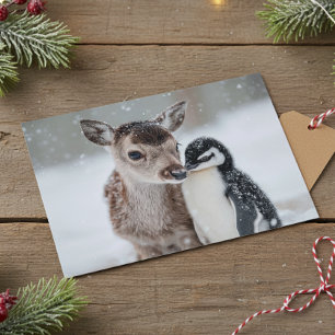 Carte Postale Bébé Renne et Manchot Fêtes de Noël