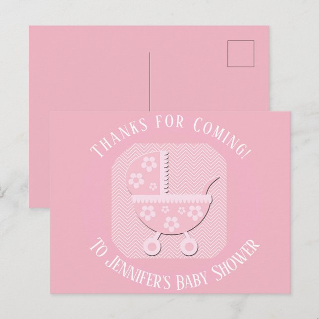 Carte Postale Bébé rose Buggy Girl Douche Merci (Devant / Derrière)