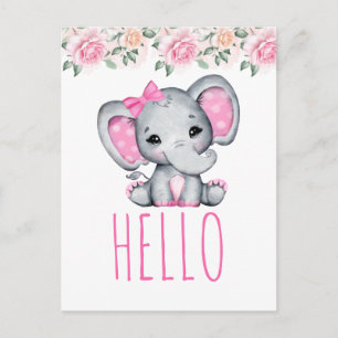 Carte Postale Bébé rose Eléphant et Rose frontière Bonjour