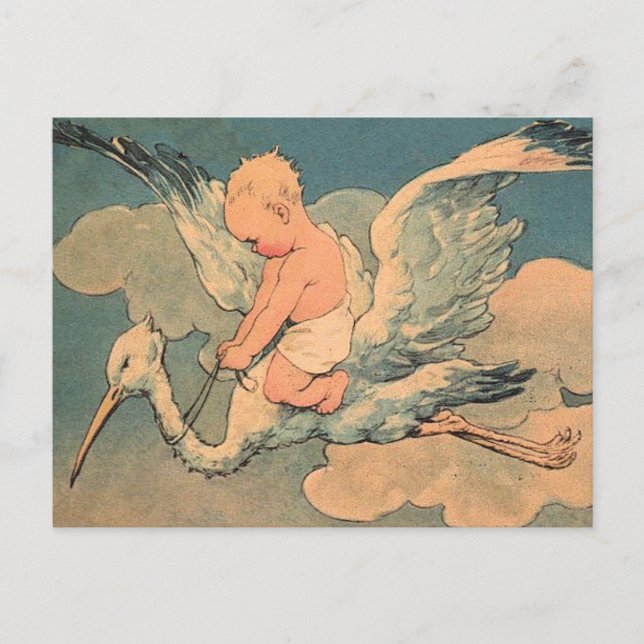 Carte Postale Bébé sur une cigogne (Devant)