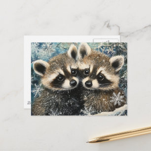 Carte Postale Bébés ratons laveurs mignons et adorables neige d'
