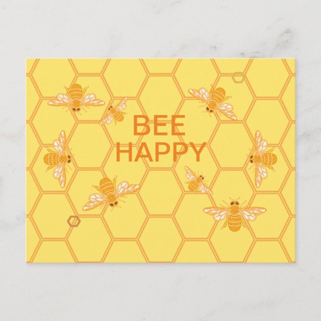 Carte Postale Bee Happy miel abeilles sur nid d'abeille jaune (Devant)