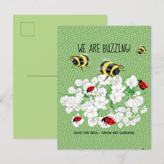 Carte Postale BEES et LadyBugs - Art de LeahG Sauvez les abeille (Devant / Derrière)