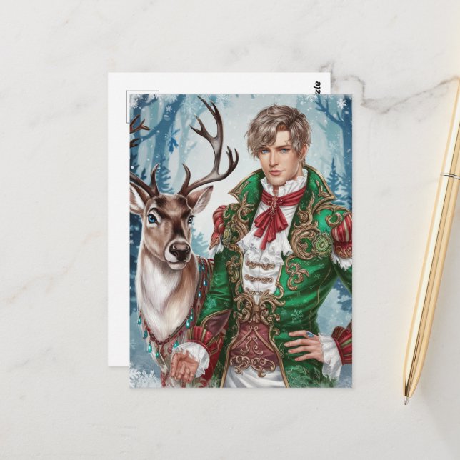 Carte Postale Bel homme blond et Noël au renne (Devant/Arrière en situation)