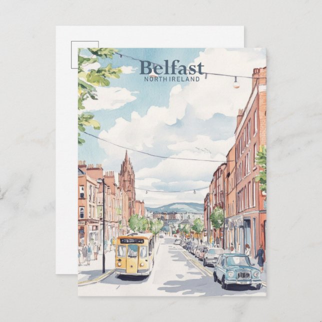 Carte Postale Belfast Irlande du Nord Gouache Illustration Voyag (Devant / Derrière)