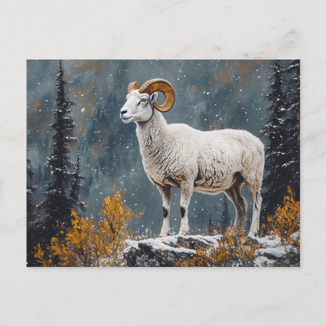 Carte Postale Bélier blanc debout sur la montagne neige (Devant)