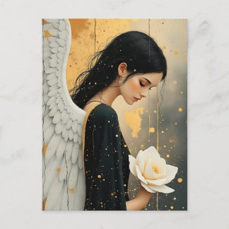 Carte Postale Belle Ange Gothique et Rose Blanche Céleste