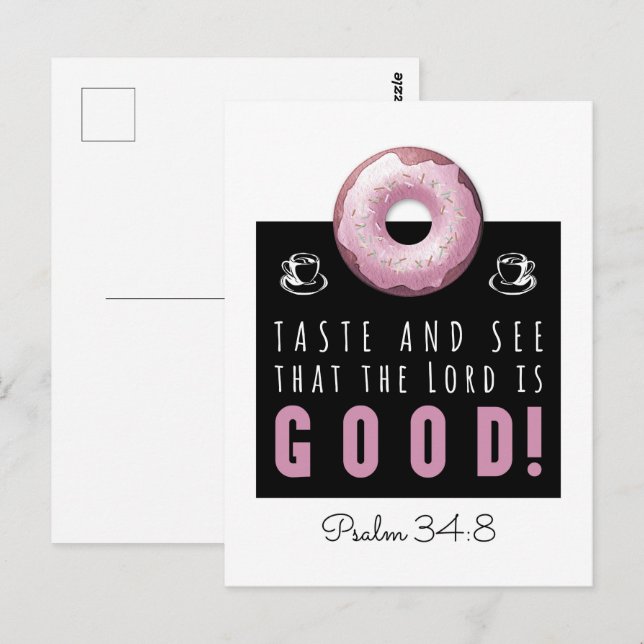 Carte Postale Belle Bible Verse Psaume 34:8 avec Doughnut rose (Devant / Derrière)