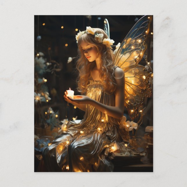 Carte Postale Belle Blonde Fée Lumineuses Ailes Fireflies (Devant)