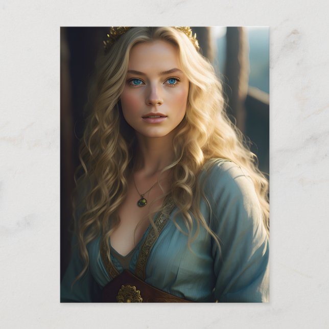 Carte Postale Belle boucles blondes Femme en Robe Bleue et Or (Devant)