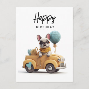 Carte Postale Belle bulldog française en voiture d'époque
