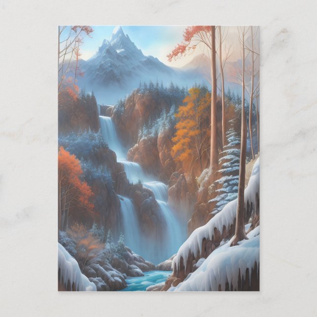 Carte Postale Belle cascade dans une forêt de neige (Devant)