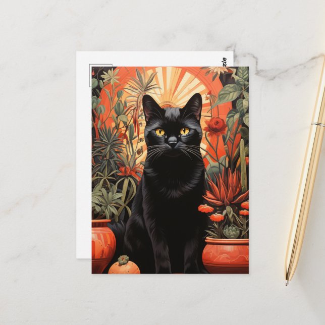 Carte Postale Belle Chat Noir dans les Houseplants tropicaux (Devant/Arrière en situation)