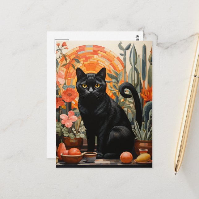 Carte Postale Belle Chat Noir dans les plantes domestiques La vi (Devant/Arrière en situation)