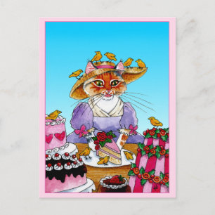 Carte Postale Belle chatte, oiseau, gâteau d'anniversaire