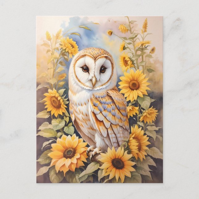 Carte Postale Belle Chouette Et Fleurs De Soleil (Devant)