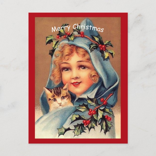 Carte Postale Belle copie de Noël Vintage Petite fille et chat (Devant)