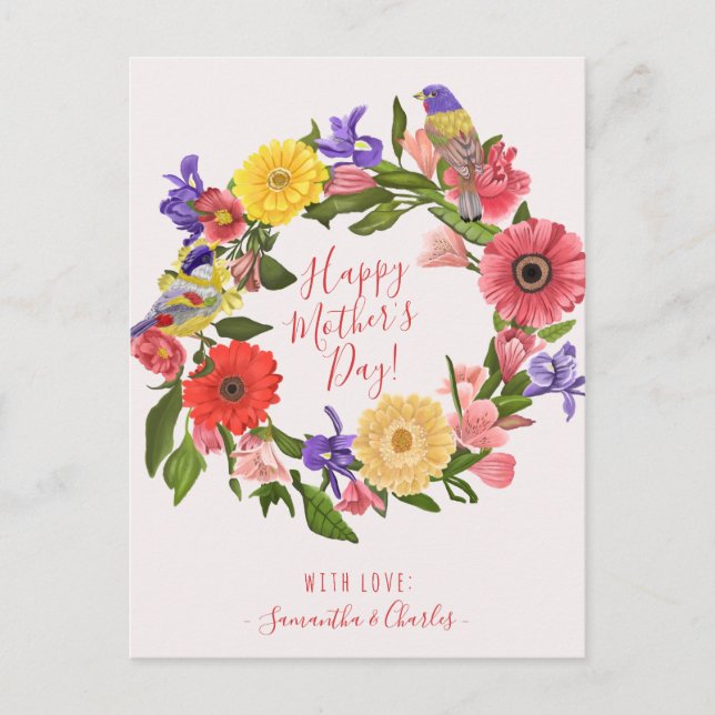 Carte Postale Belle couronne florale brillante Bonne fête des mè (Devant)