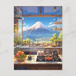 Carte Postale Belle cuisine avec vue sur le Mont Fuji