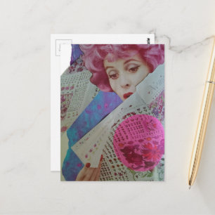 Carte Postale Belle Dame aux Cheveux Roses Collage Mixte Rétro