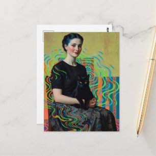 Carte Postale Belle Dame avec un chat noir Glitch Art