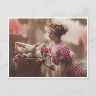 Carte Postale Belle Edwardienne femme et colombes Vintage glamou