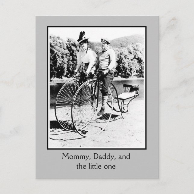 Carte Postale Belle Epoque histoire du vélo, 2 adultes et bébé (Devant)