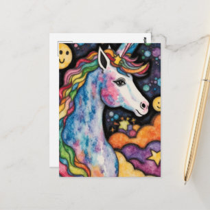 Carte Postale Belle Fantaisie Licorne Colorée Enfantine