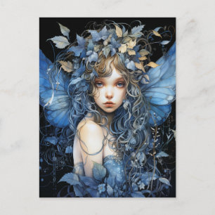 Carte Postale Belle Fée Ailes Bleues Vrilles et Feuilles