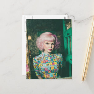Carte Postale Belle femme aux cheveux roses dans le miroir