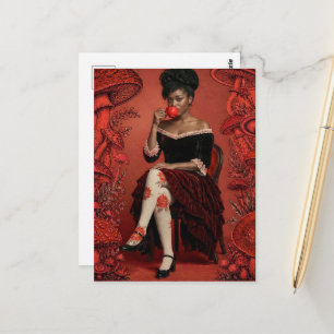 Carte Postale Belle Femme Boit du Thé Champignons Rouges
