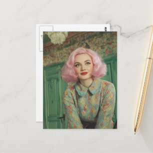 Carte Postale Belle Femme Cheveux Roses Maison Rétro