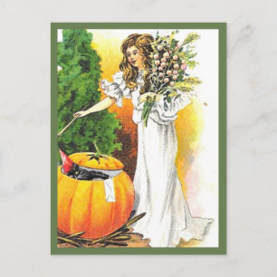 Carte Postale Belle Femme et Citrouille - Halloween Vintage