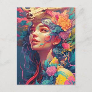 Carte Postale Belle femme et fleurs