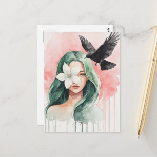 Carte Postale Belle Femme et Oiseau Noir