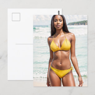 Carte Postale Belle Femme Noire En Bikini Jaune