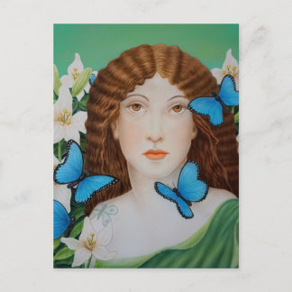 Carte Postale Belle femme visage avec papillon et fleurs