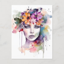 Belle fille d'aquarelle avec des fleurs dans ses c