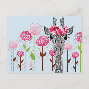 Carte Postale Belle girafe avec couronne de fleurs dans le jardi