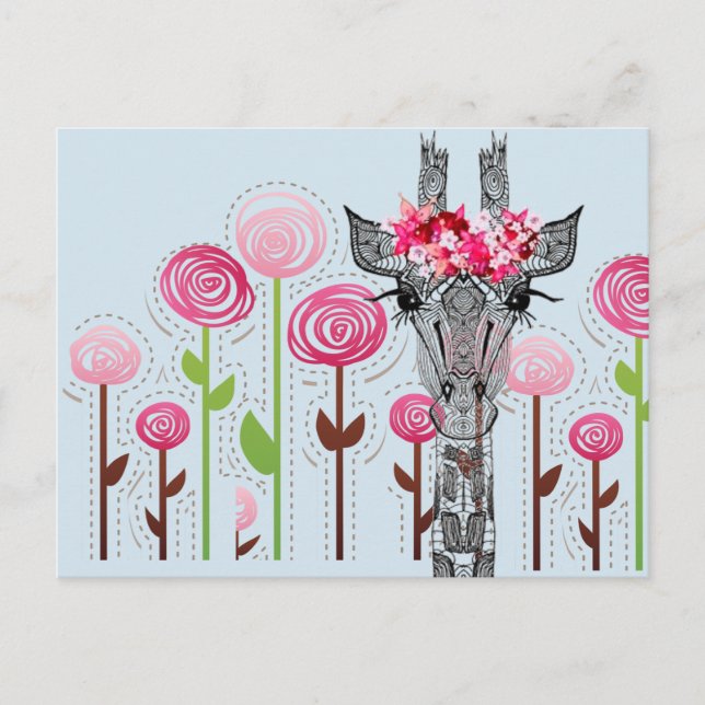 Carte Postale Belle girafe avec couronne de fleurs dans le jardi (Devant)