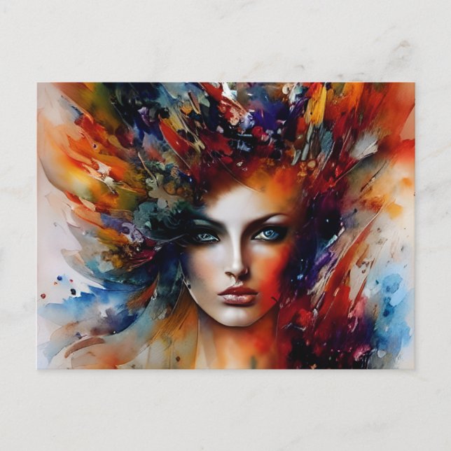 Carte Postale Belle Lady Couleurs Abstraites Aquarelle (Devant)