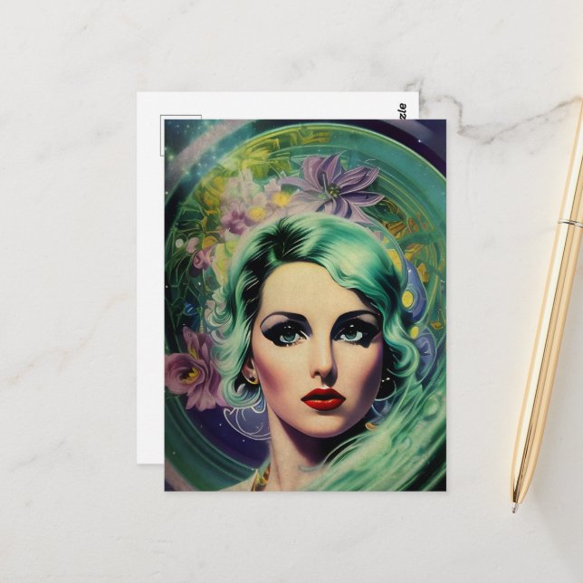 Carte Postale Belle Lavande & Green Retro Style Space Woman (Devant/Arrière en situation)
