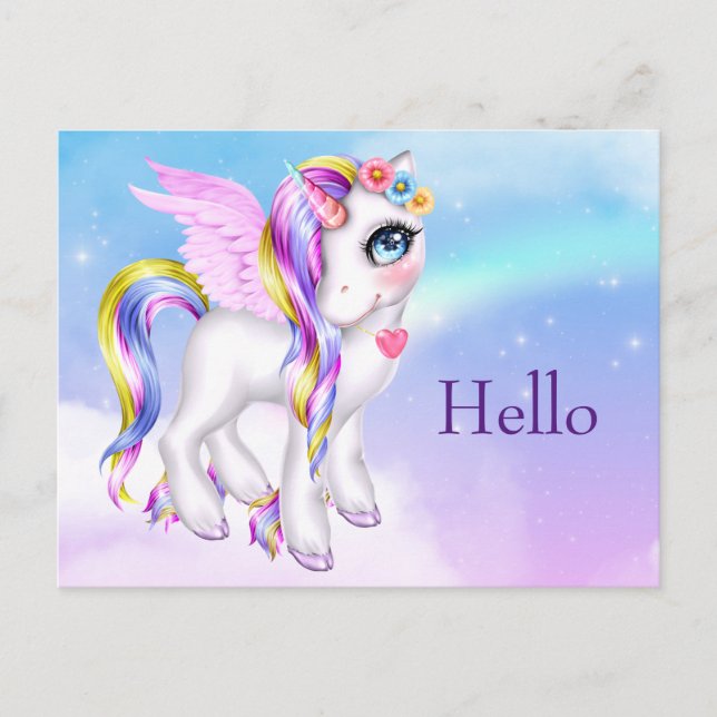 Carte Postale Belle licorne avec Rainbow Mane & Tail Bonjour (Devant)