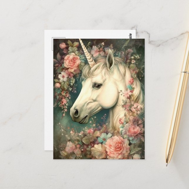 Carte Postale Belle licorne et fleurs (Devant/Arrière en situation)