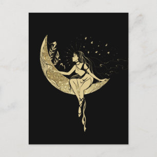 Carte Postale Belle lune étoiles femme art déco illustration