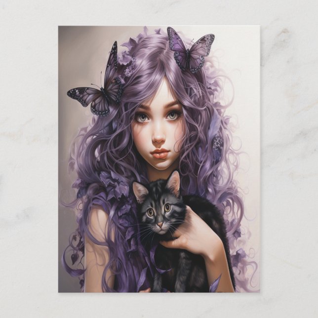 Carte Postale Belle Papillons Fée Violet Noir Chat (Devant)