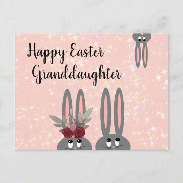 Carte Postale Belle Petite-Fille Bunnies Pâques Rose Floral (Devant)